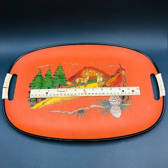 60s Fiberware Serving Tray Hand Painted Woodland Mountain Scene Deer Family - Picture 10 of 10